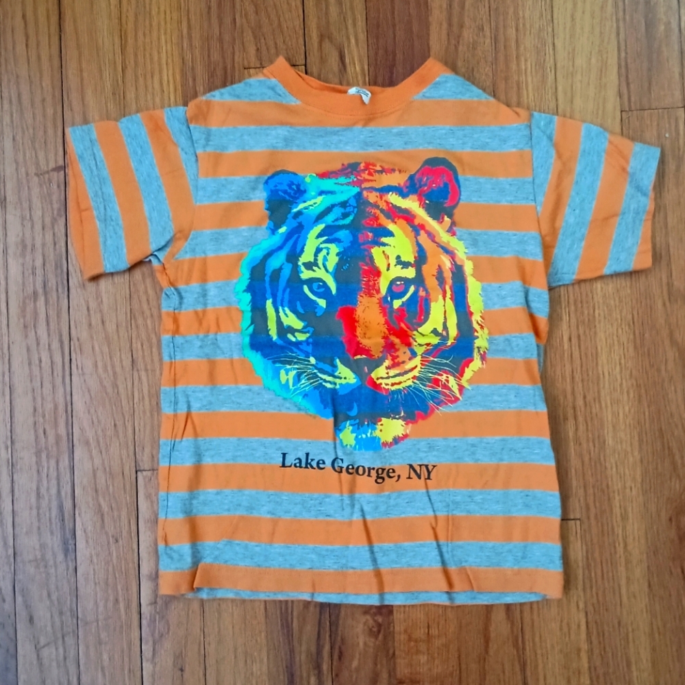 3/$10 🌟 Lake George NY Orange Grey Gray Striped Lion Head T-shirt Shirt Top S